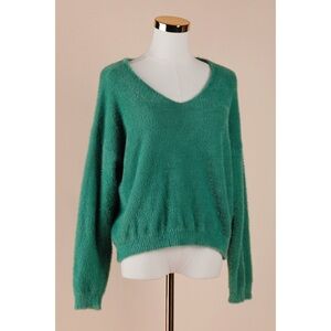 Sz M/L Ivy & Leo Fuzzy Green Long Sleeve V-Neck Sweater EUC
